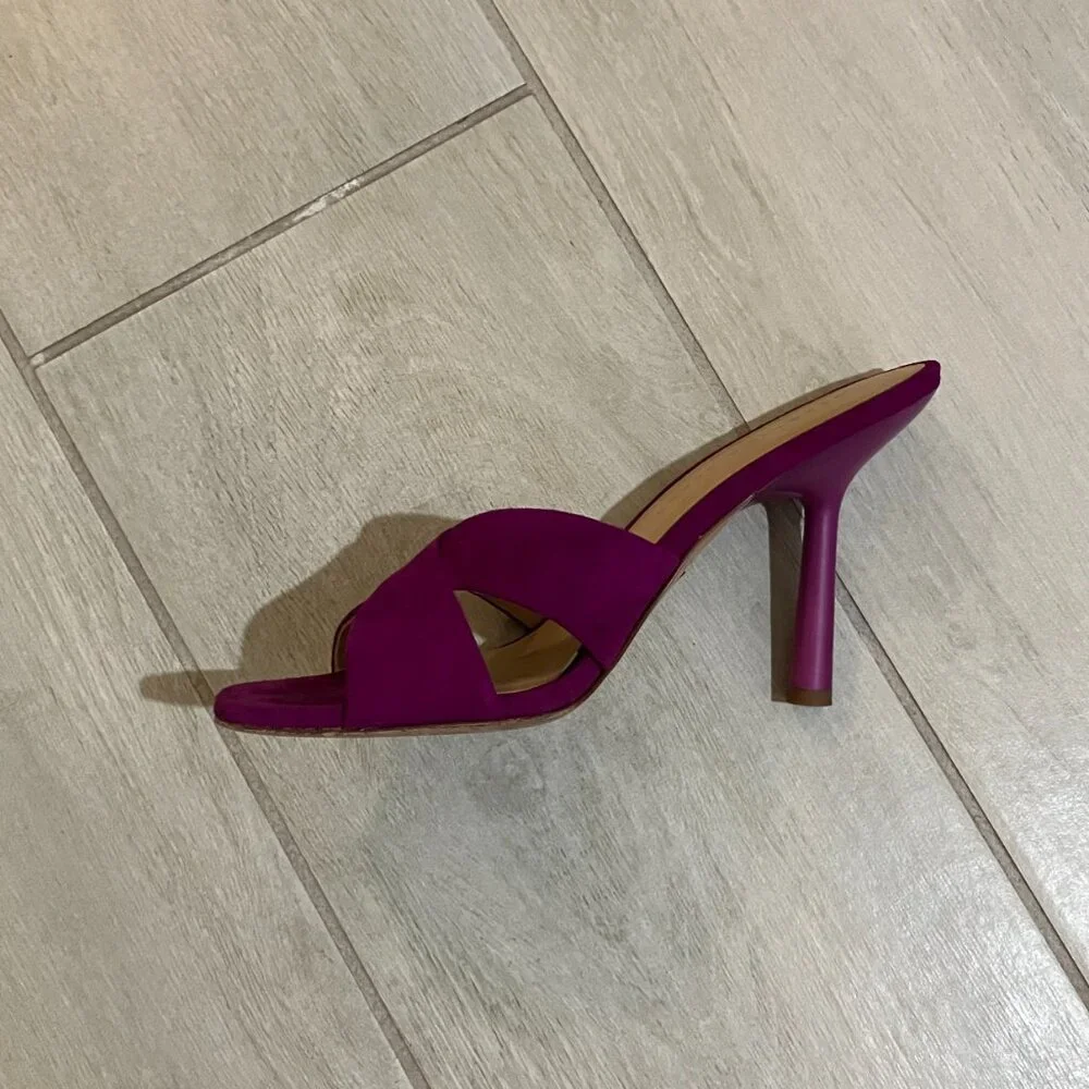 Veronica Beard Alsea Raspberry Pink Suede Mule Heels Square Toe Sandals Sz 8.5